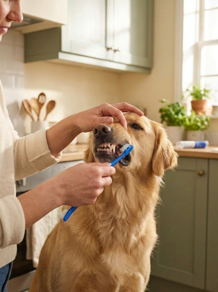 Brushing a calm dog's teeth at home