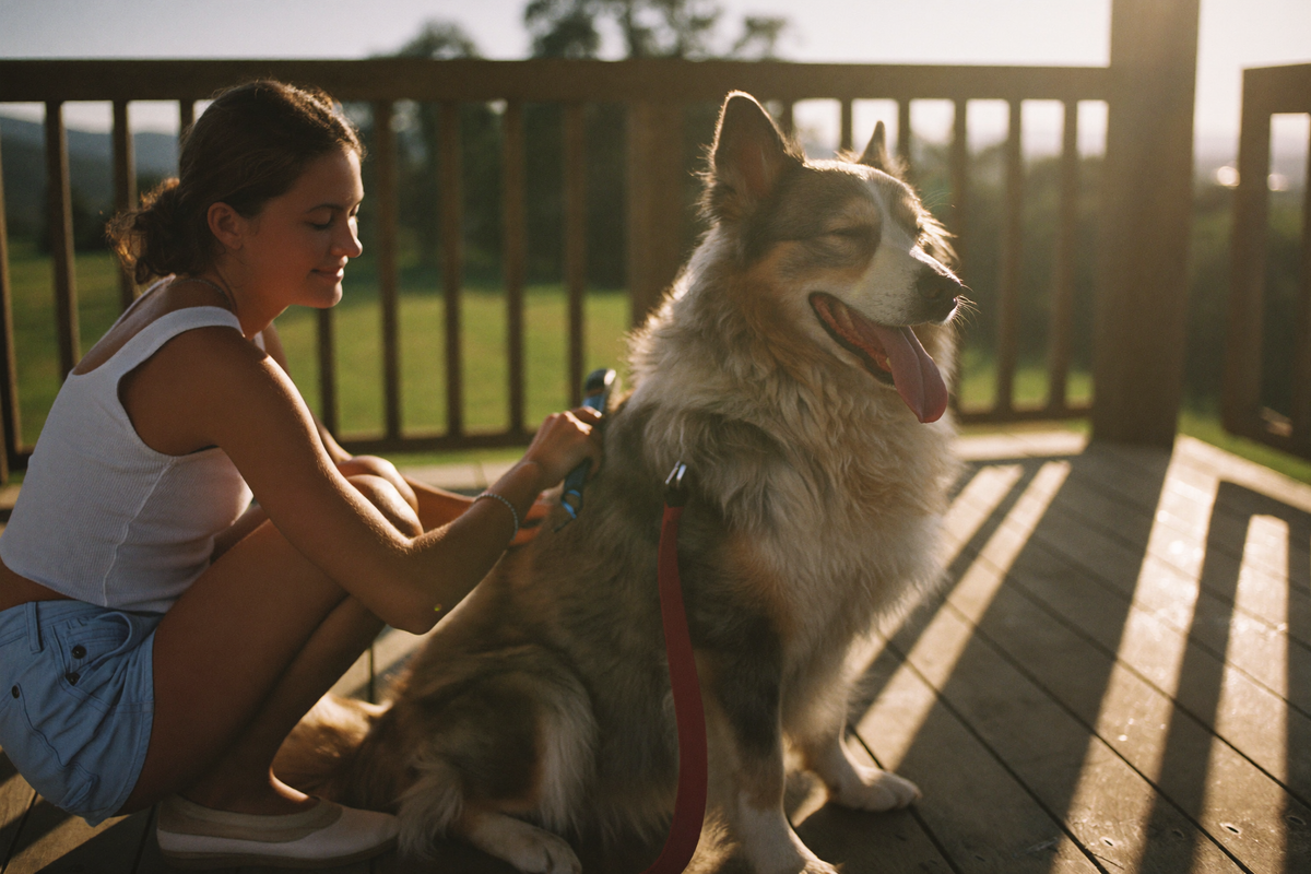 A woman brushing her Australian shepherd coat on a sunny porch