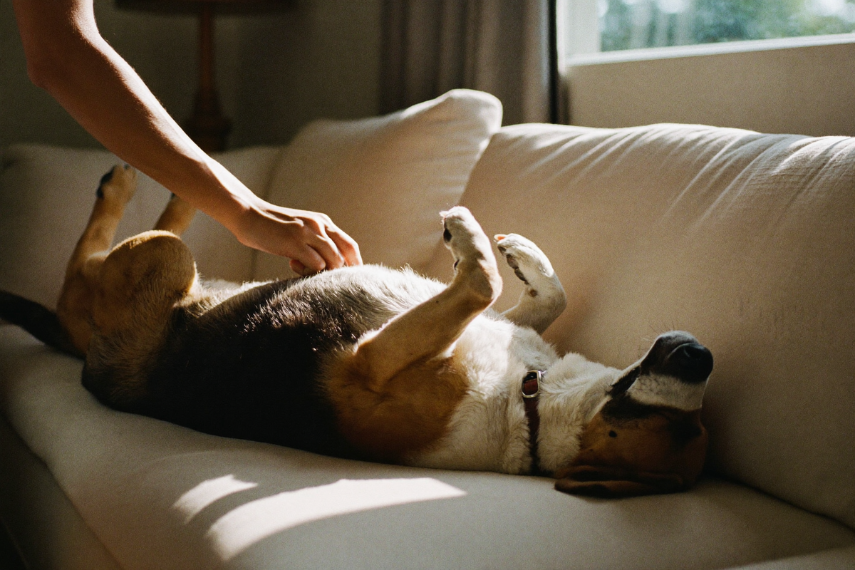 A relaxed beagle getting a belly rub on the sofa
