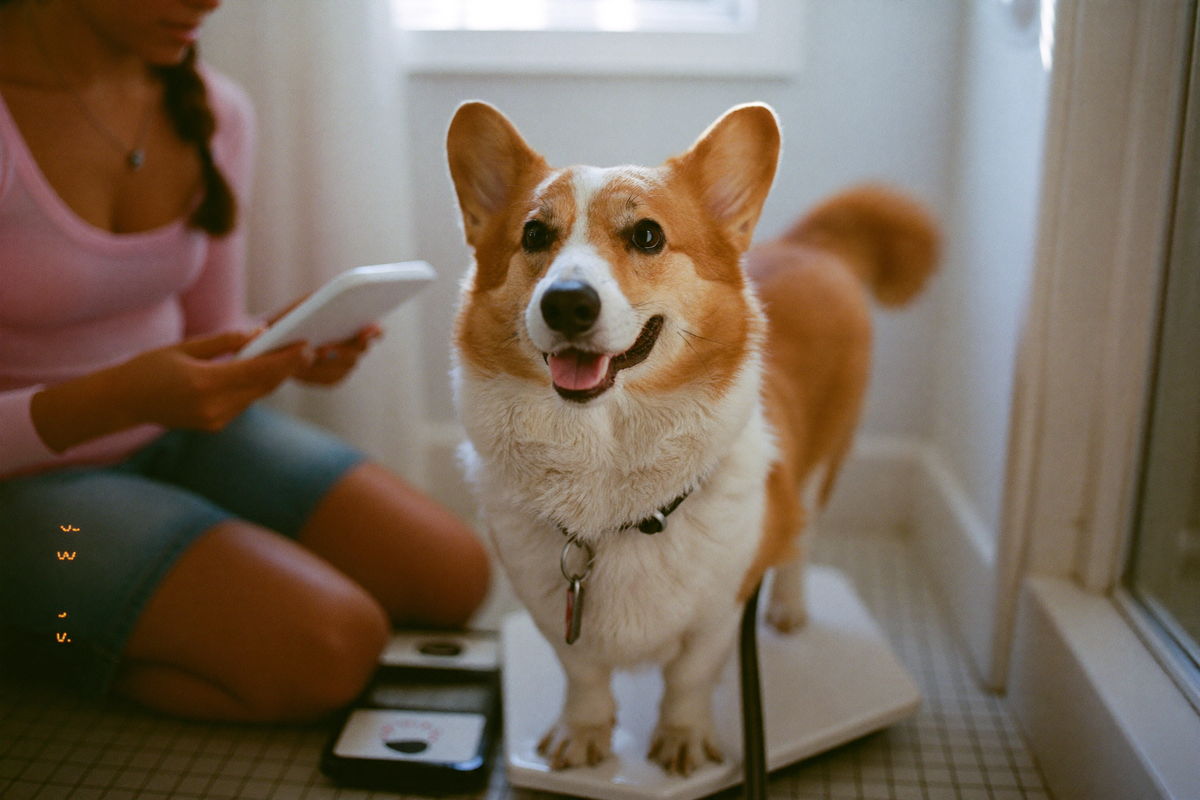 A corgi standing on a bathroom scale while its owner checks the weight