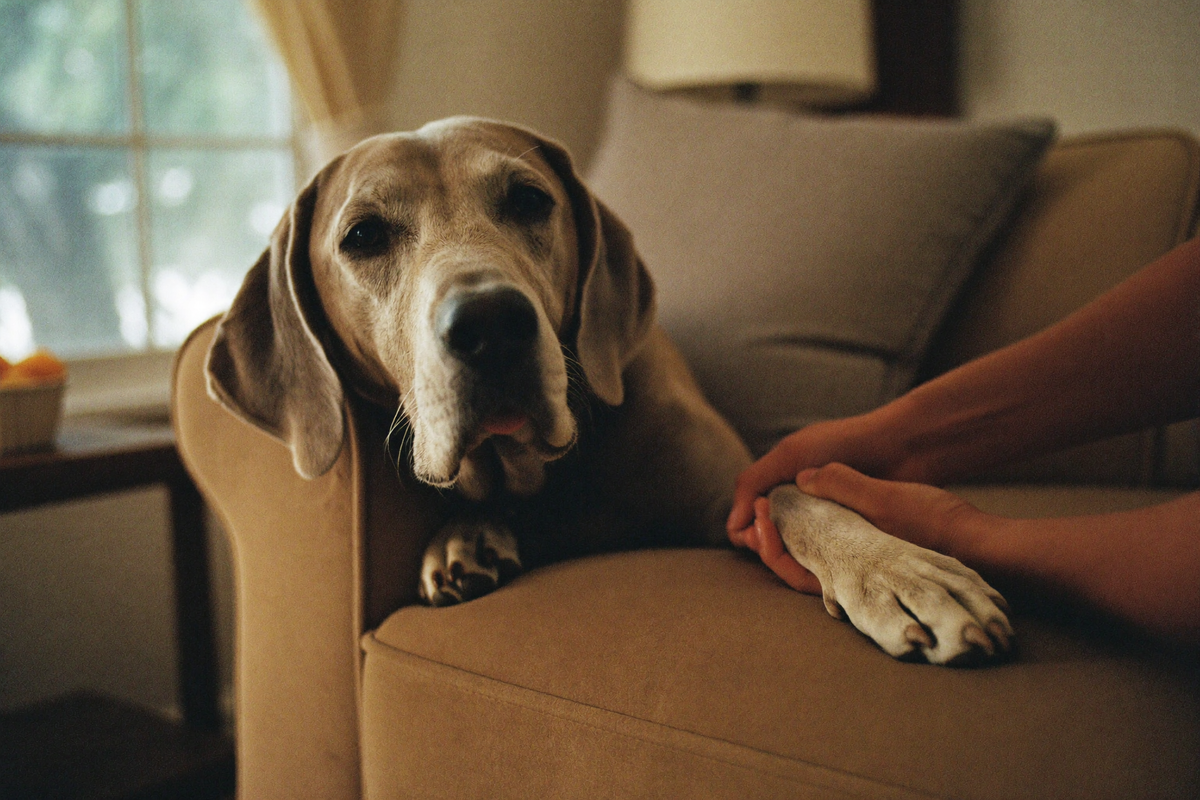 An owner gently helping their senior labrador up onto the couch