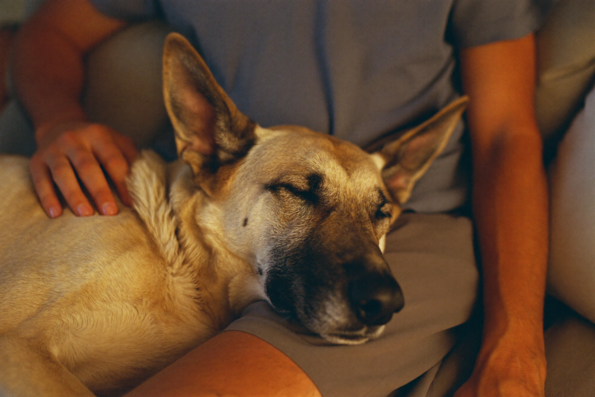 A senior german shepherd resting its head on its owner lap
