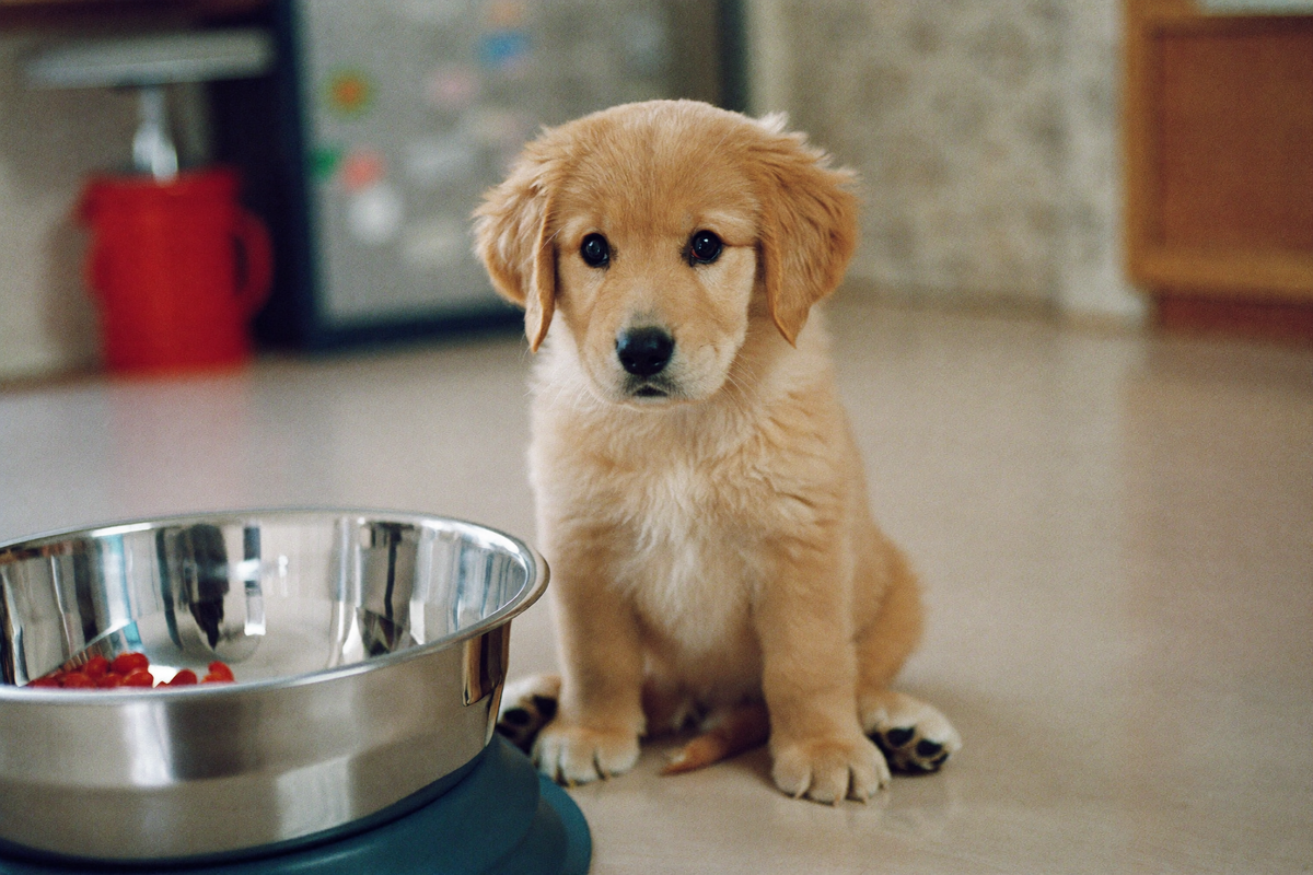 A golden retriever puppy sitting beside its food bowl