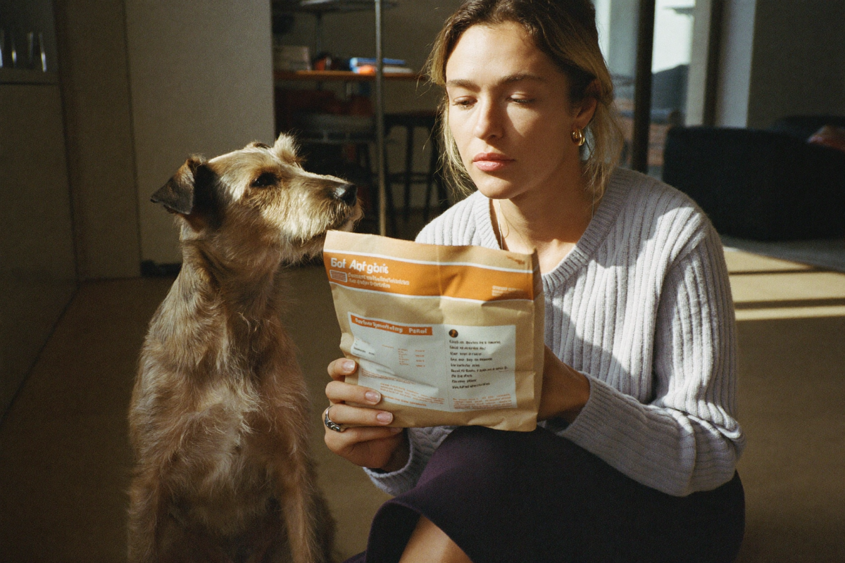 A woman reading the ingredient panel on a bag of dog food in her kitchen while her terrier waits