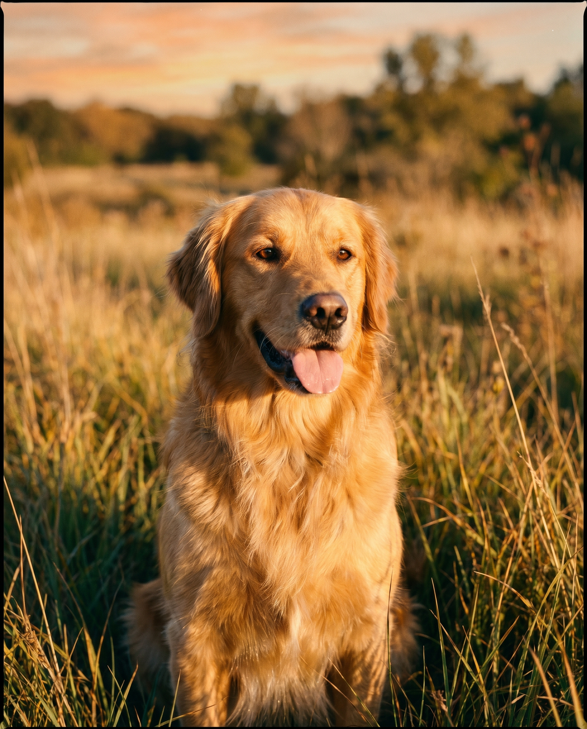 Golden retriever sitting in tall grass at golden hour