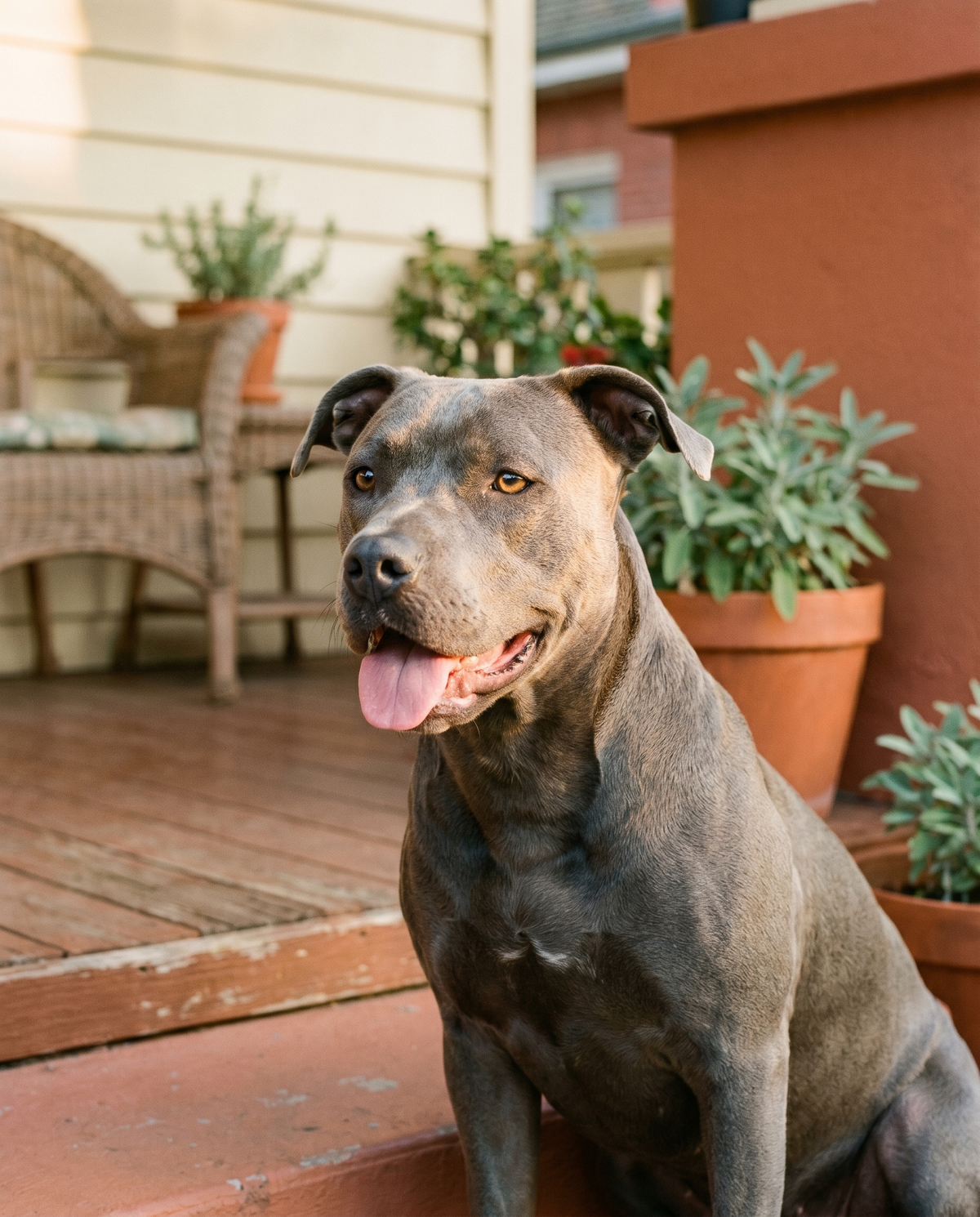 Blue nose pitbull terrier sitting on a porch in evening light