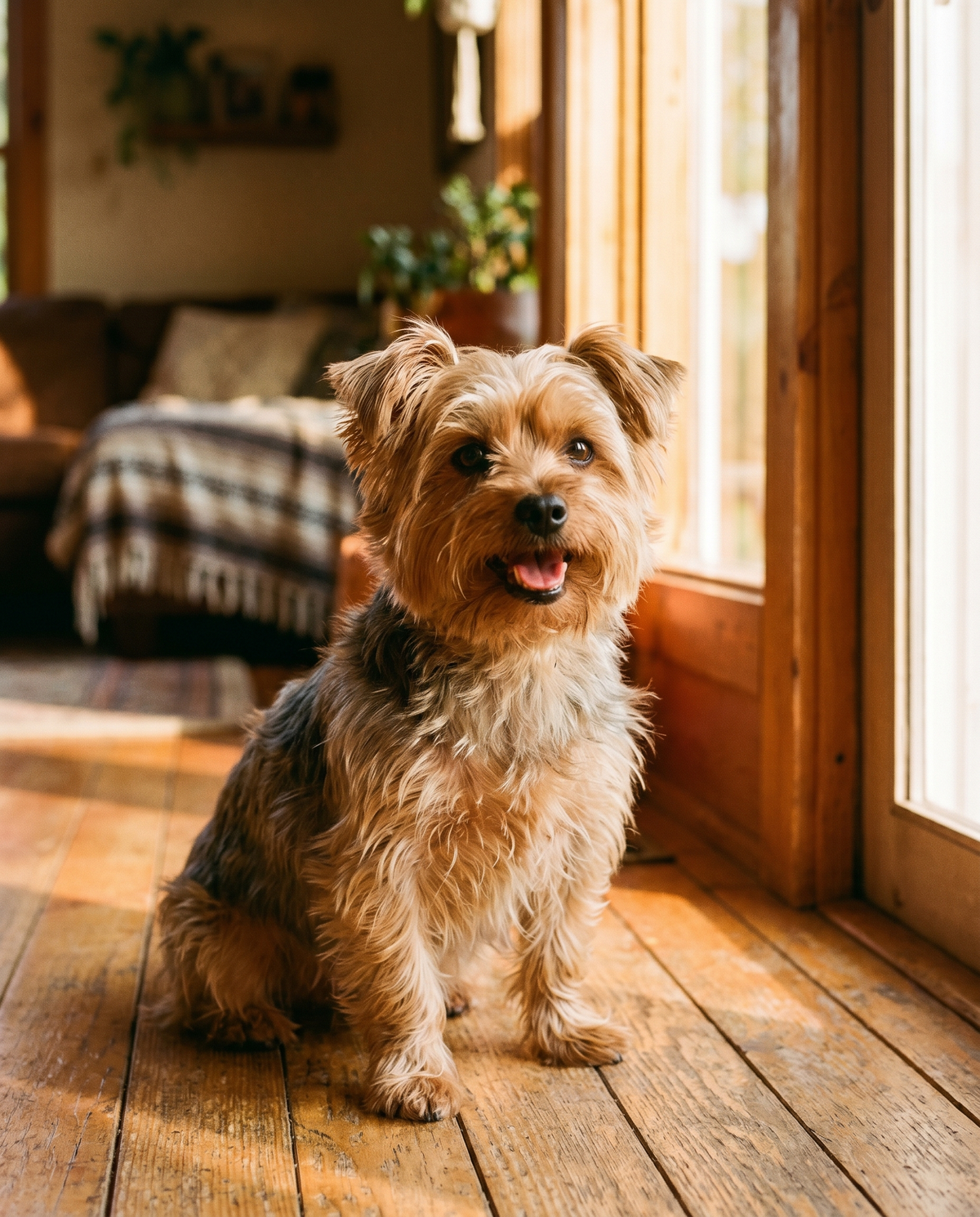 Yorkshire terrier sitting near a sunlit doorway