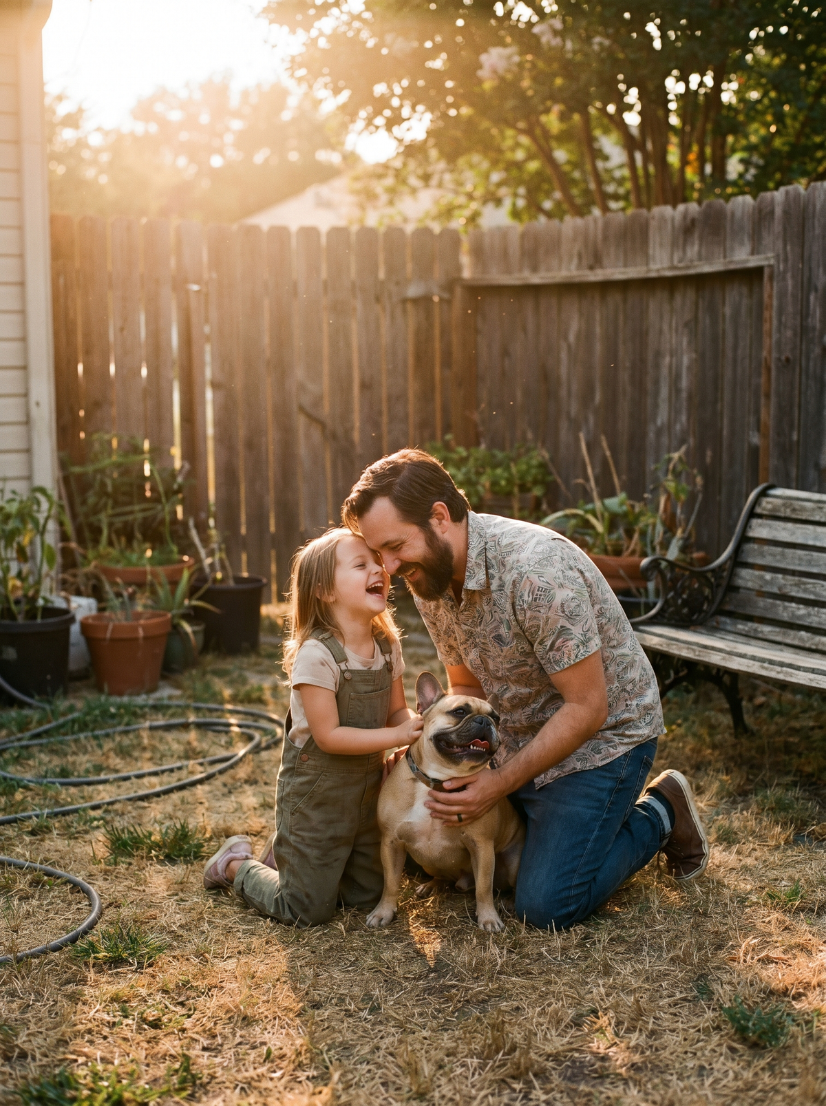 Father and young daughter petting their French bulldog in a backyard