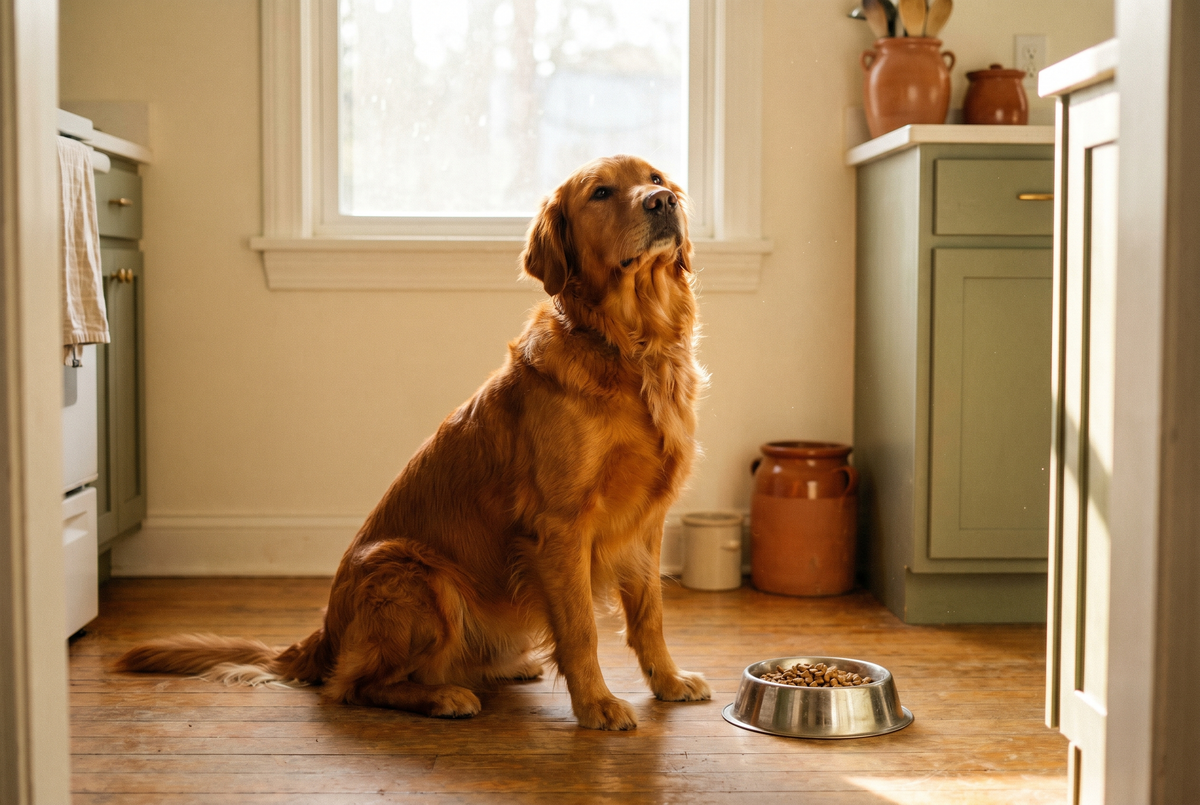 Golden retriever sitting beside a filled bowl in a warm kitchen