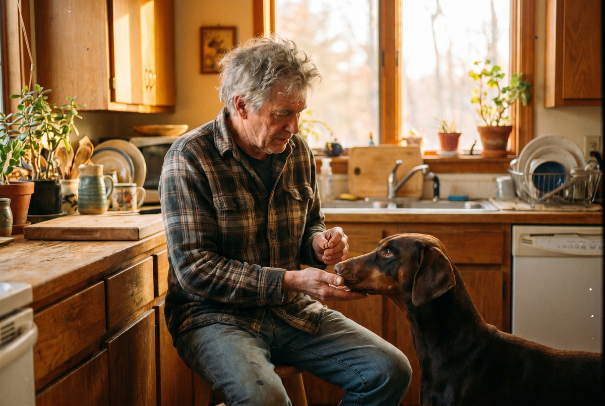 Older man hand feeding a treat to his Doberman in a kitchen