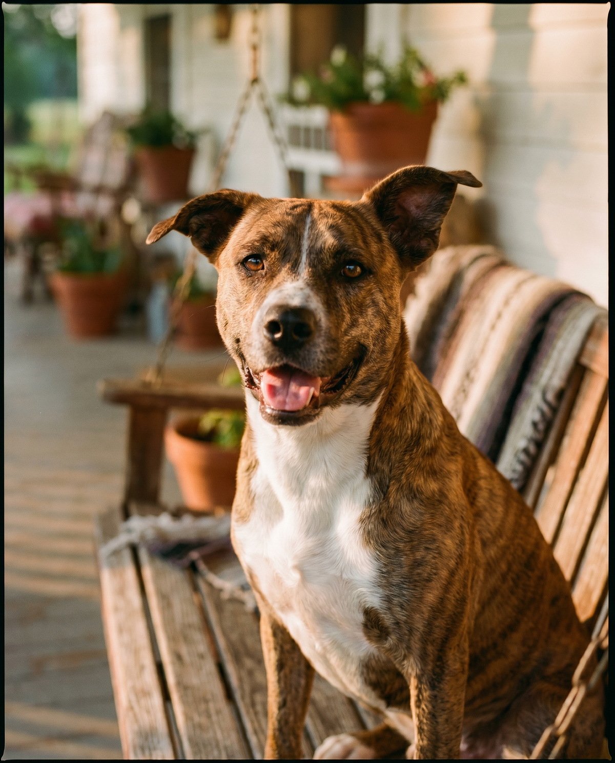 Happy brindle rescue dog sitting on a sunlit porch