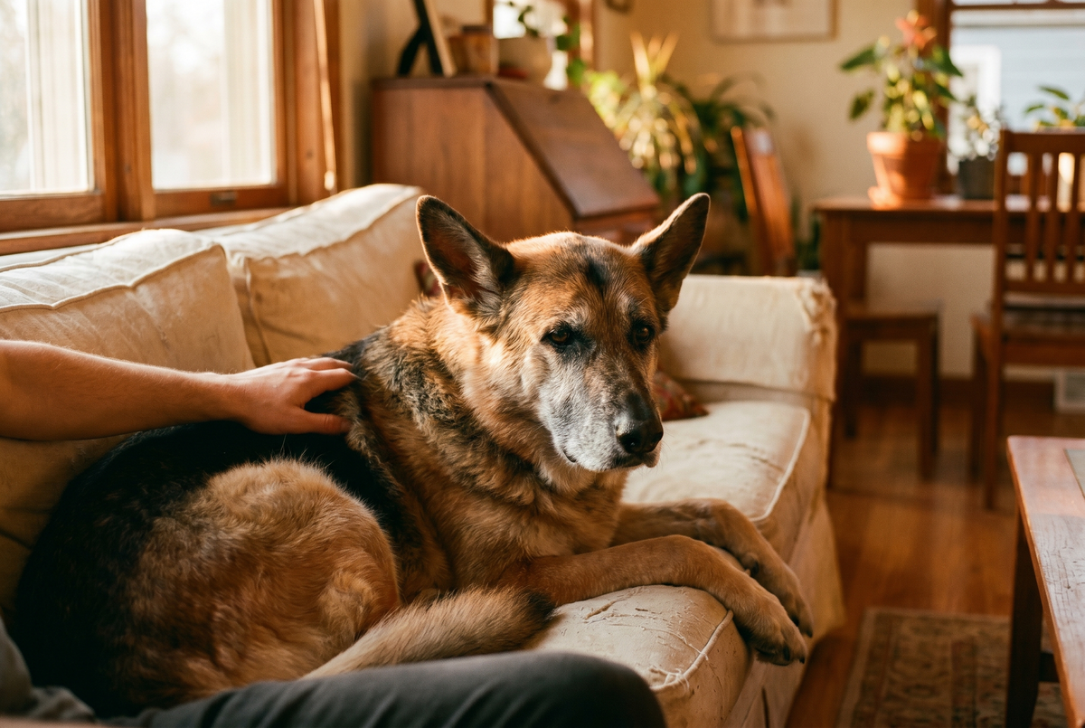 Senior German Shepherd resting on a couch with an owner's hand on its back