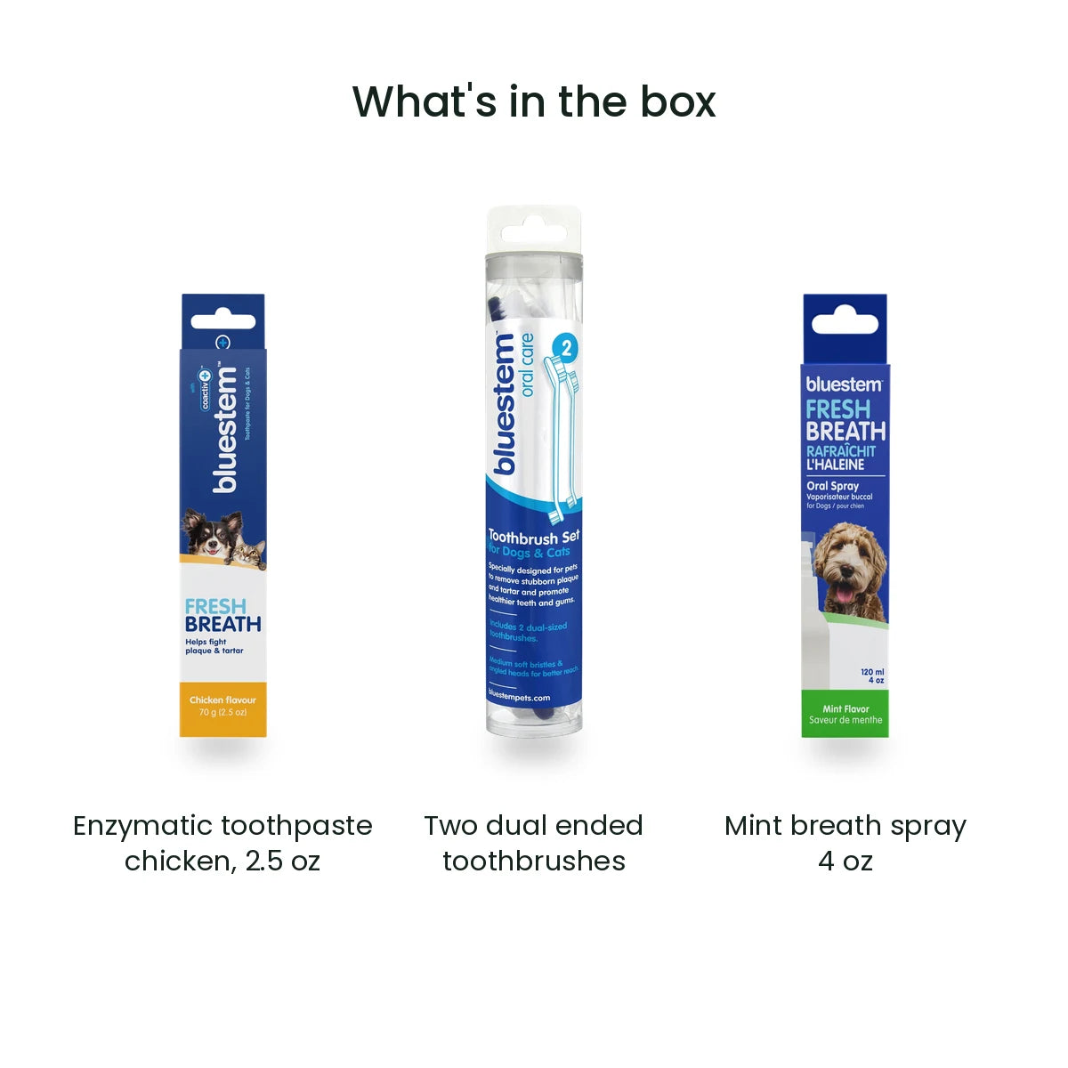 What is in the box: enzymatic chicken toothpaste 2.5 oz, two dual ended toothbrushes, mint breath spray 4 oz