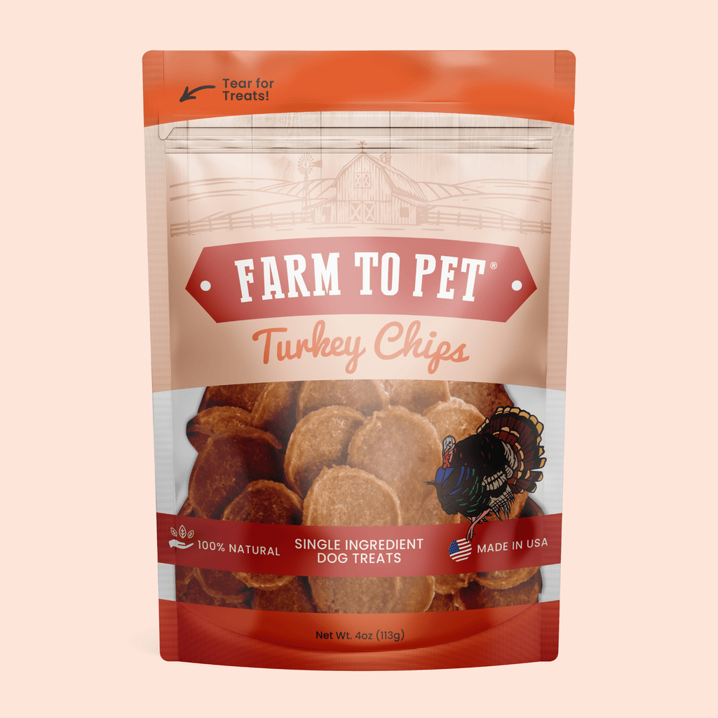 Farm to Pet turkey chips single ingredient hormone-free dog treats USA made