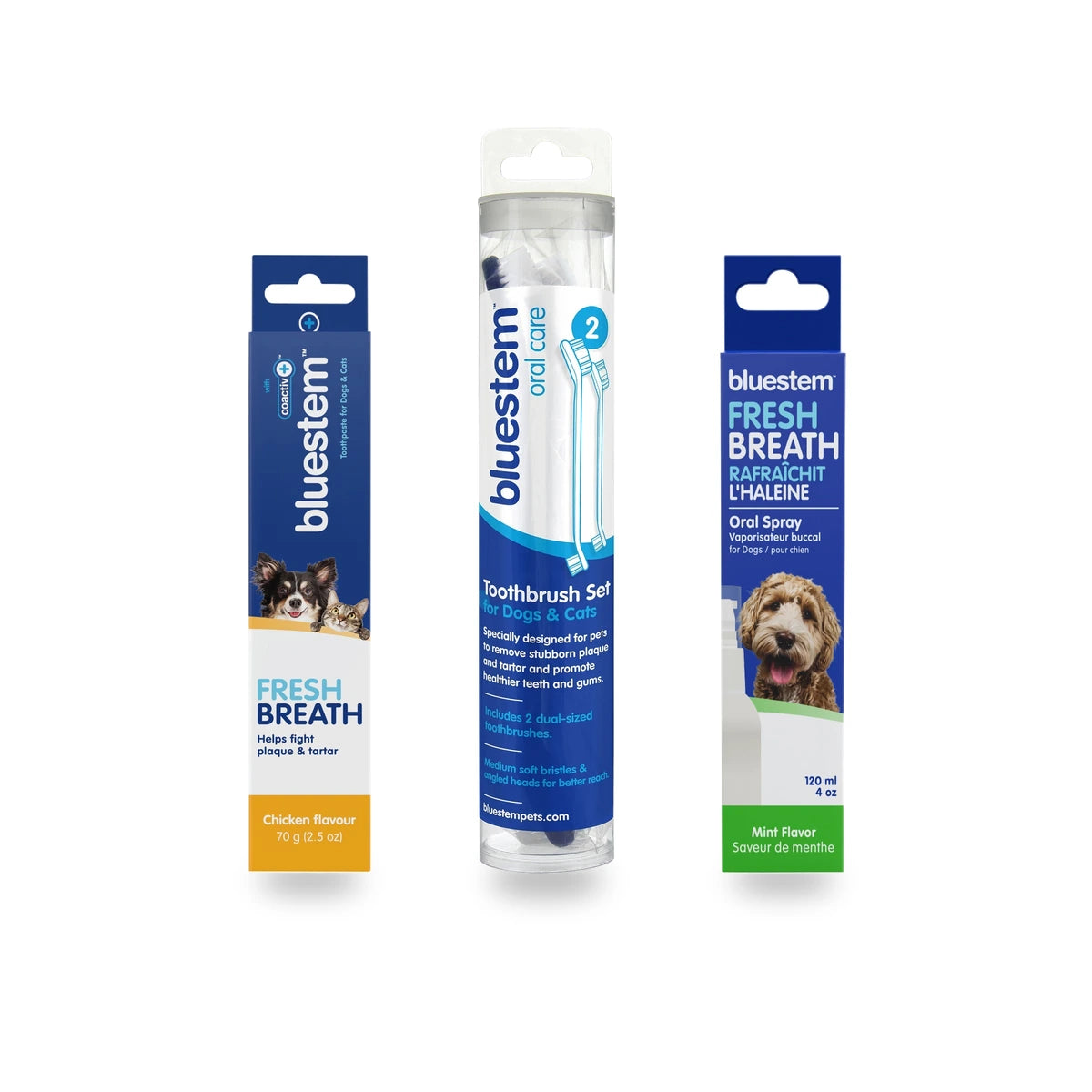 Fresh Breath Starter Kit: Bluestem enzymatic dog toothpaste, two dual ended toothbrushes and mint breath spray