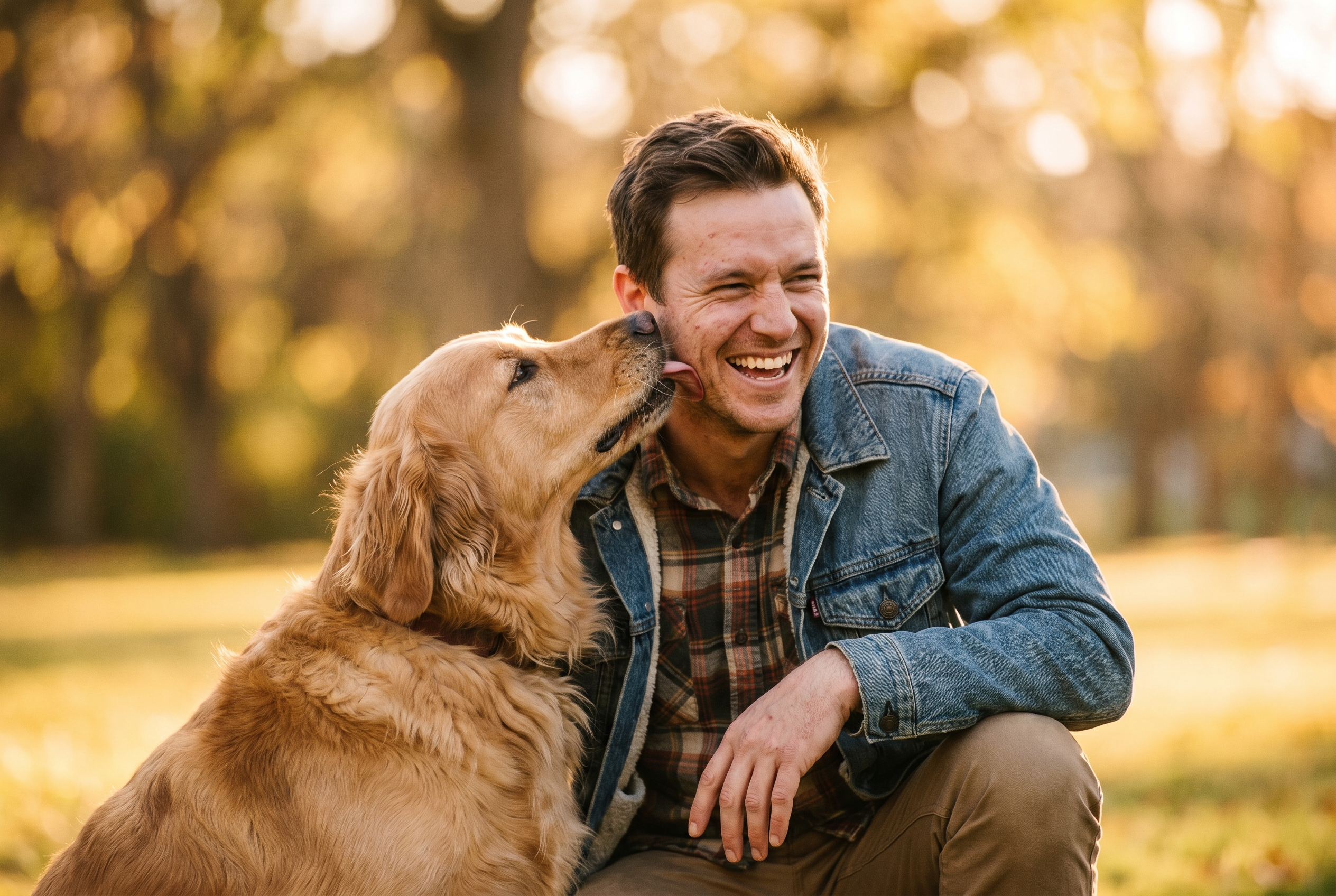 Owner crouching with his golden retriever in a sunlit park
